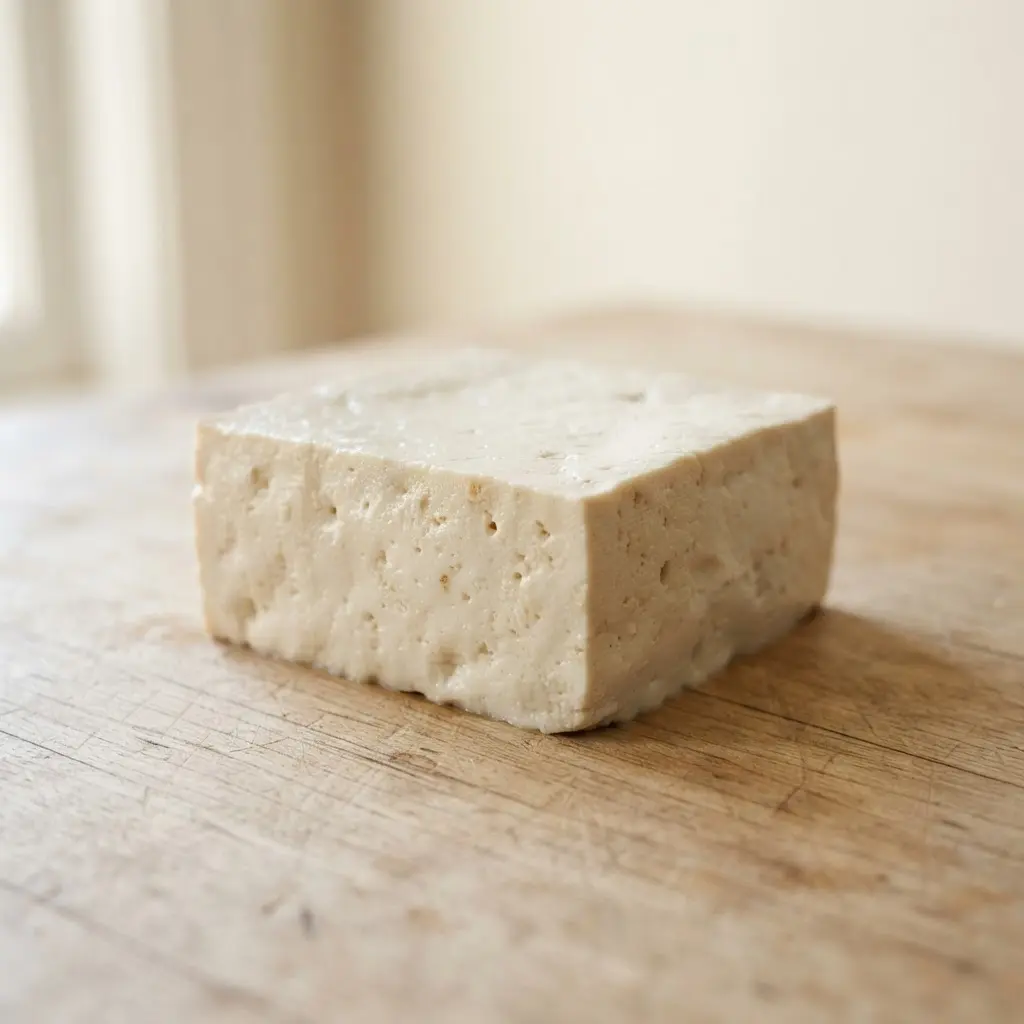 Tofu on a plain wooden surface.