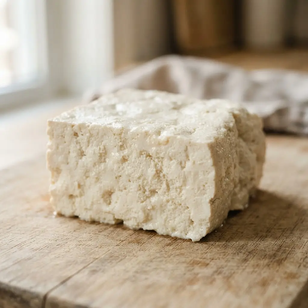 Tofu on a plain wooden surface.