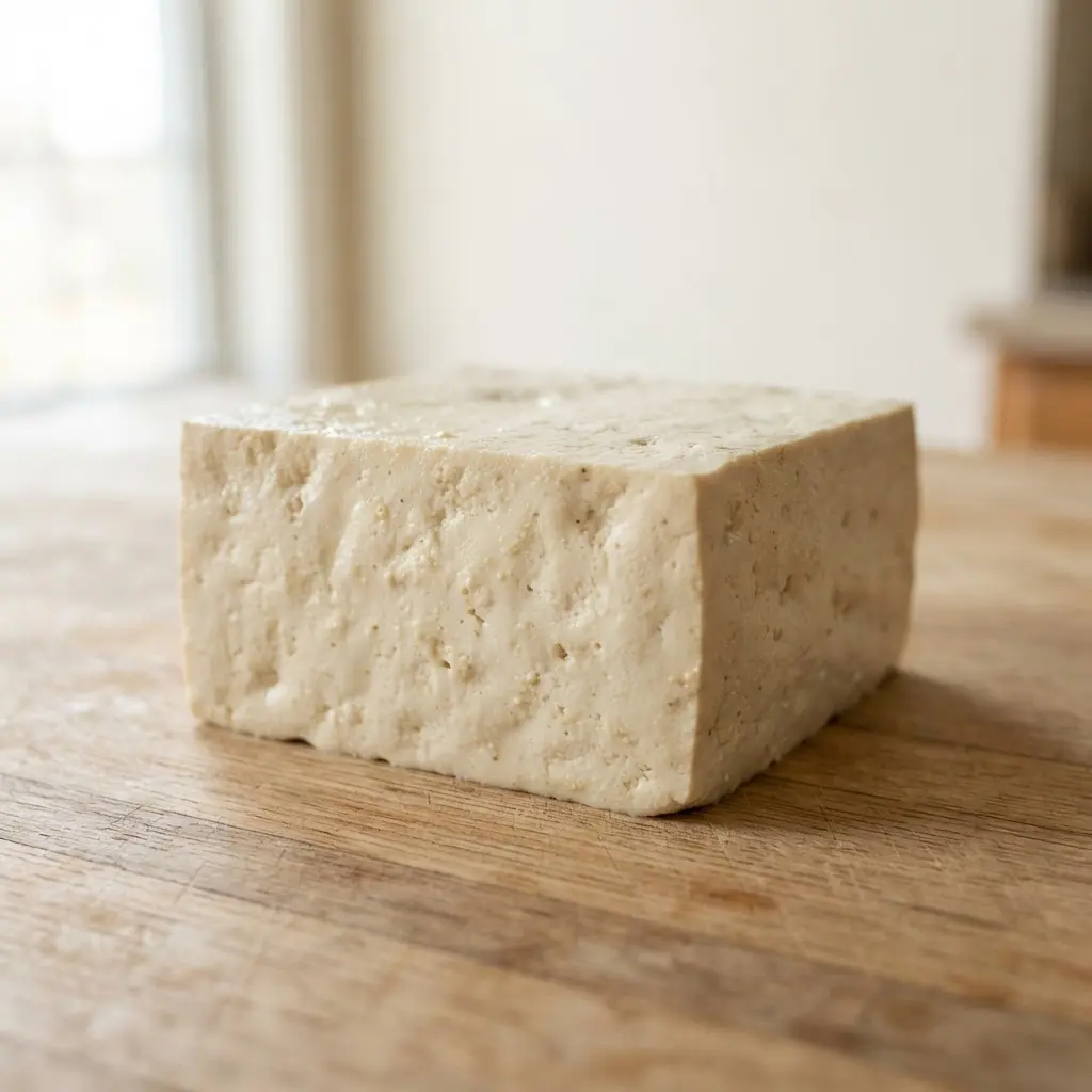 Tofu on a plain wooden surface.