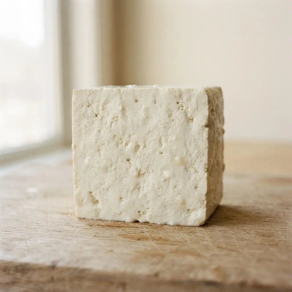 Tofu on a plain wooden surface.