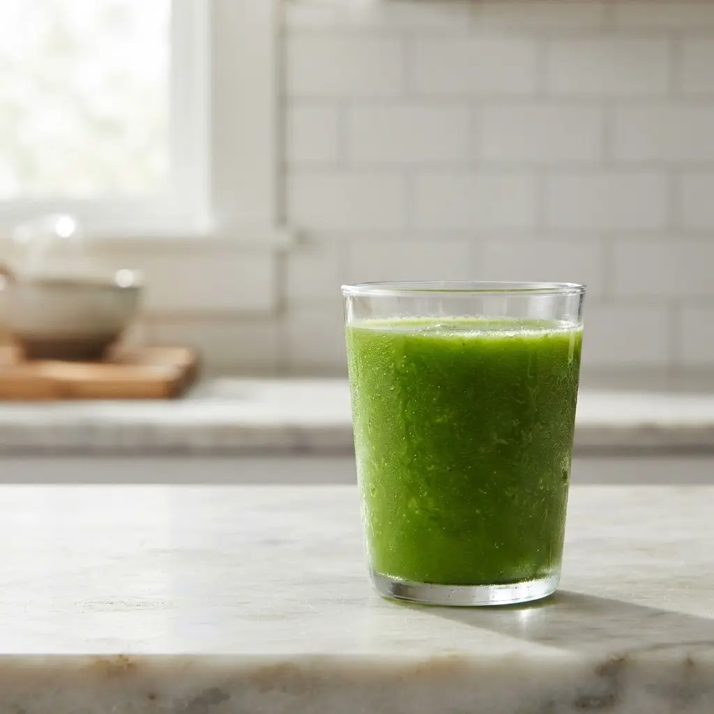 A glass of green juice beside leafy greens and cucumber, showing fresh juice nutrition from produce.