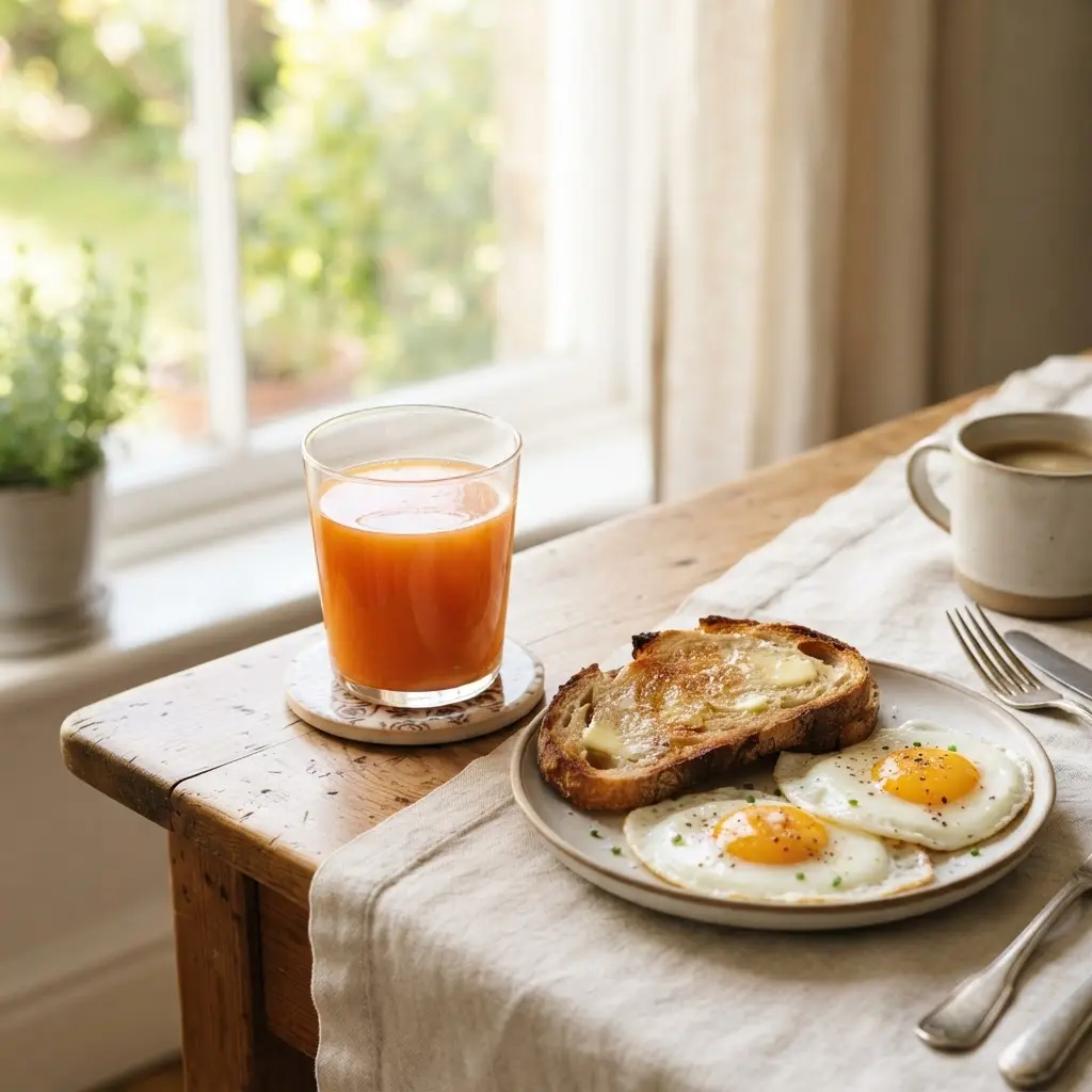 A glass of fresh juice beside toast and eggs on a breakfast table near a sunny window.