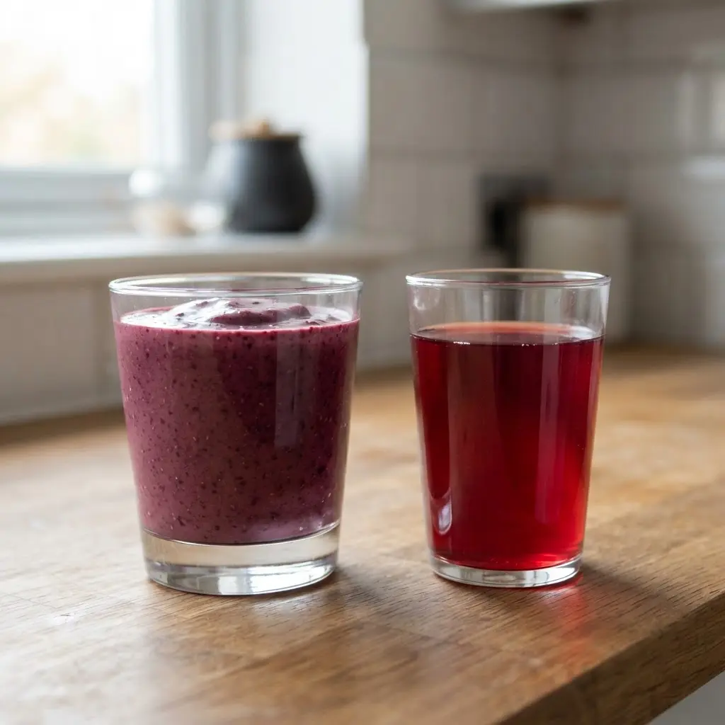A thick berry smoothie and a thin strained berry juice displayed in separate clear glasses.