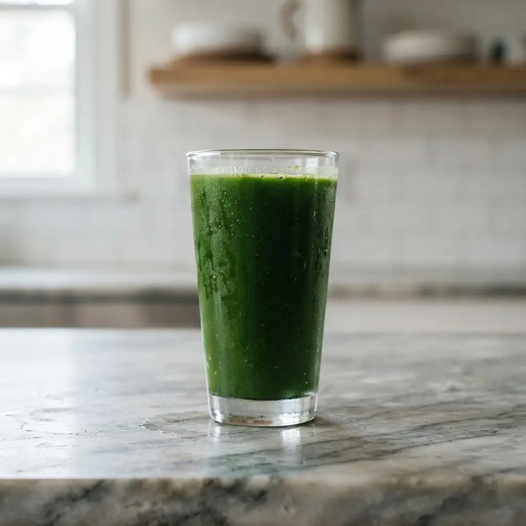 Green vegetable juice beside cucumber, celery, spinach, and lemon, showing a vegetable-focused juice nutrition mix.