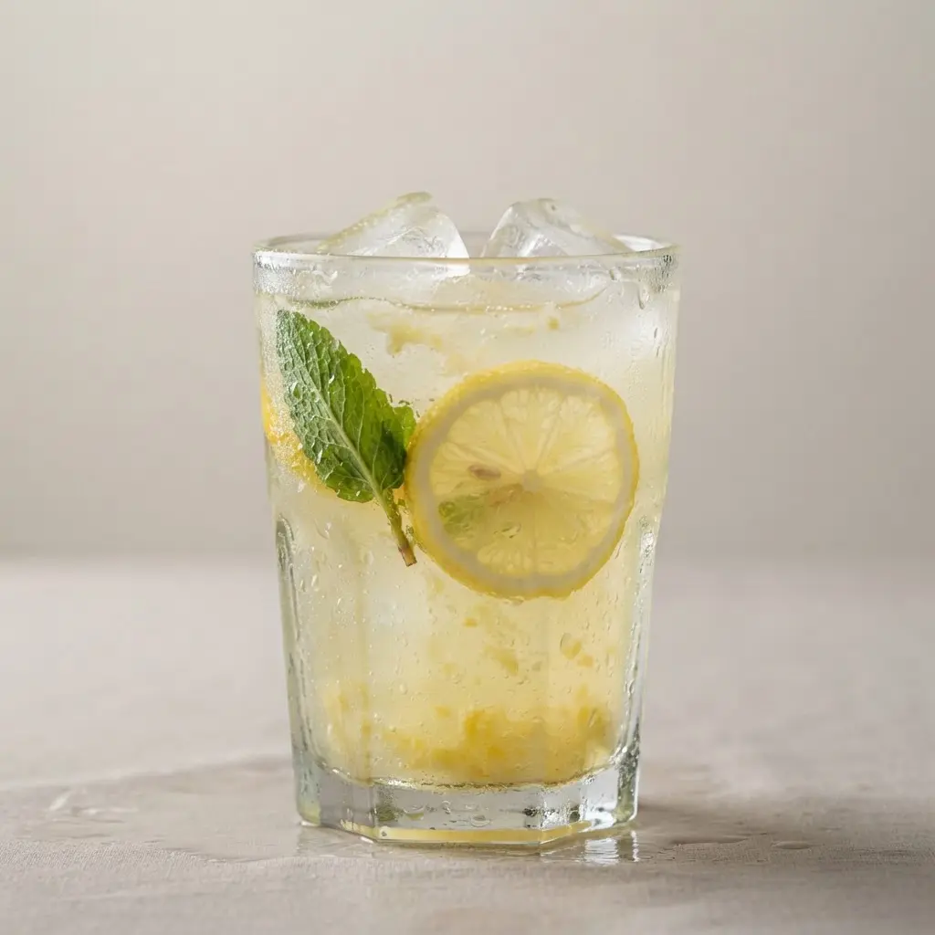 A clear pitcher of lemon water with mint, sliced lemons, and condensation on a rustic wooden counter.