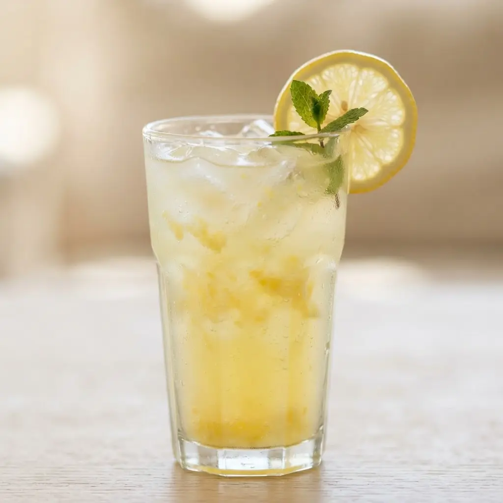 A clear lemonade glass beside lentils, spinach, and lemon wedges arranged for a balanced meal.