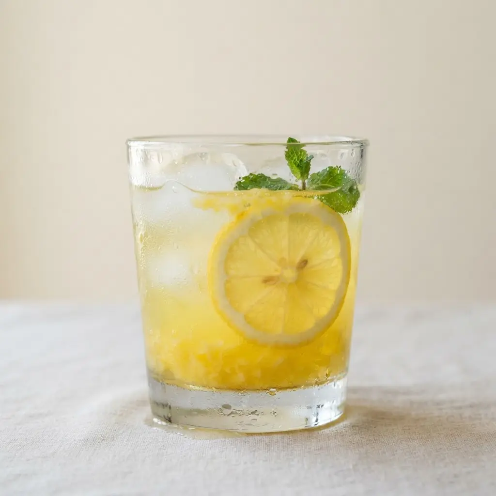 Condensation covers a clear glass of homemade lemonade with lemon slices, showing a refreshing hydration choice.