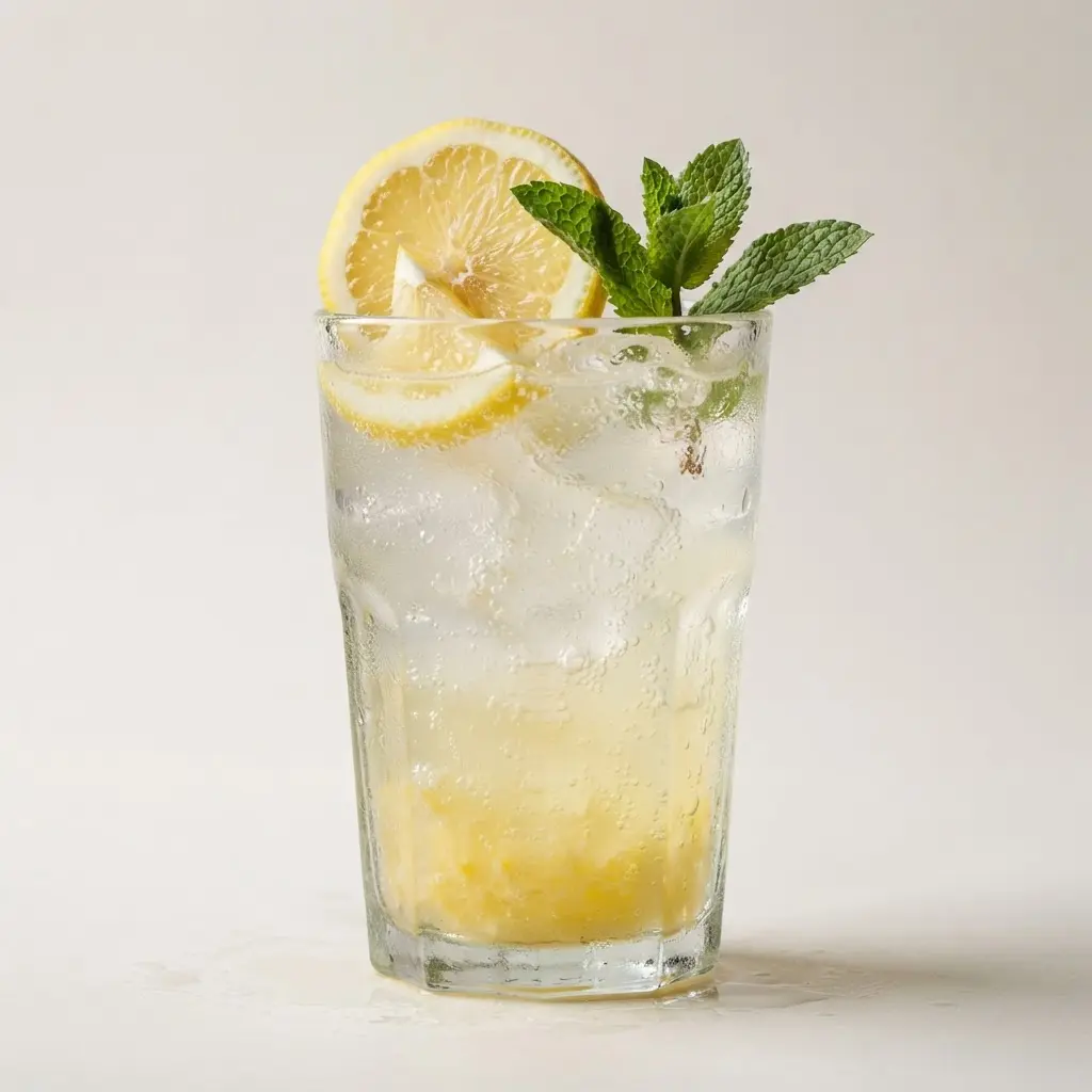 Clear chilled lemonade with mint, lemon rounds, and condensation beside a ceramic pitcher.