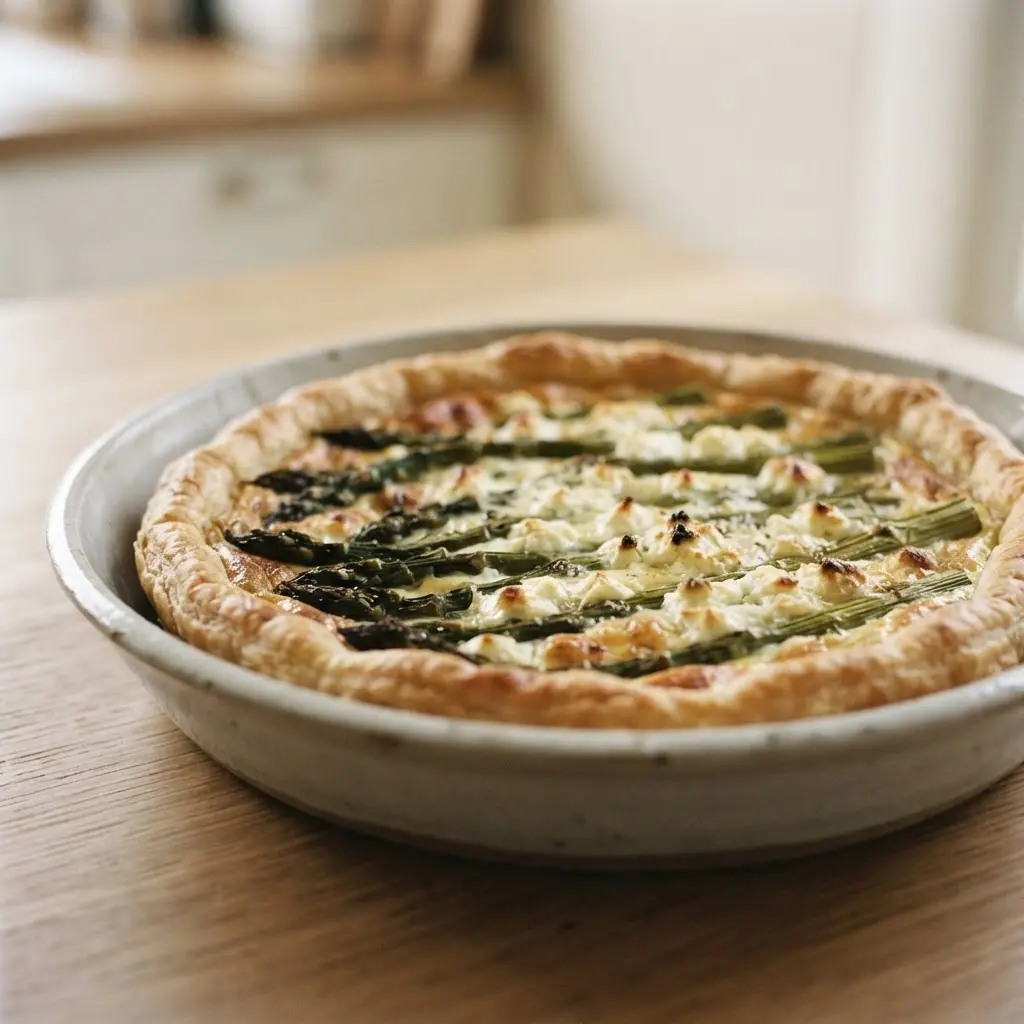 Rustic tart with green asparagus spears and goat cheese on a wooden serving board, a hearty asparagus meal idea.