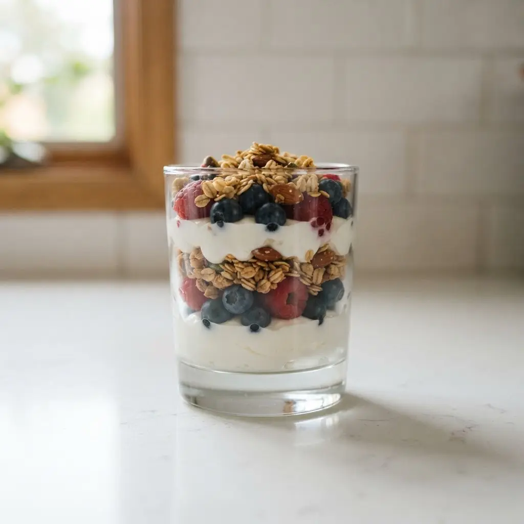 Greek yogurt, blueberries, and granola layered in a clear glass for five-minute healthy breakfast ideas.