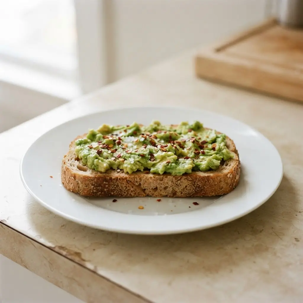 Whole wheat toast spread with avocado and red pepper flakes on a clean white plate.