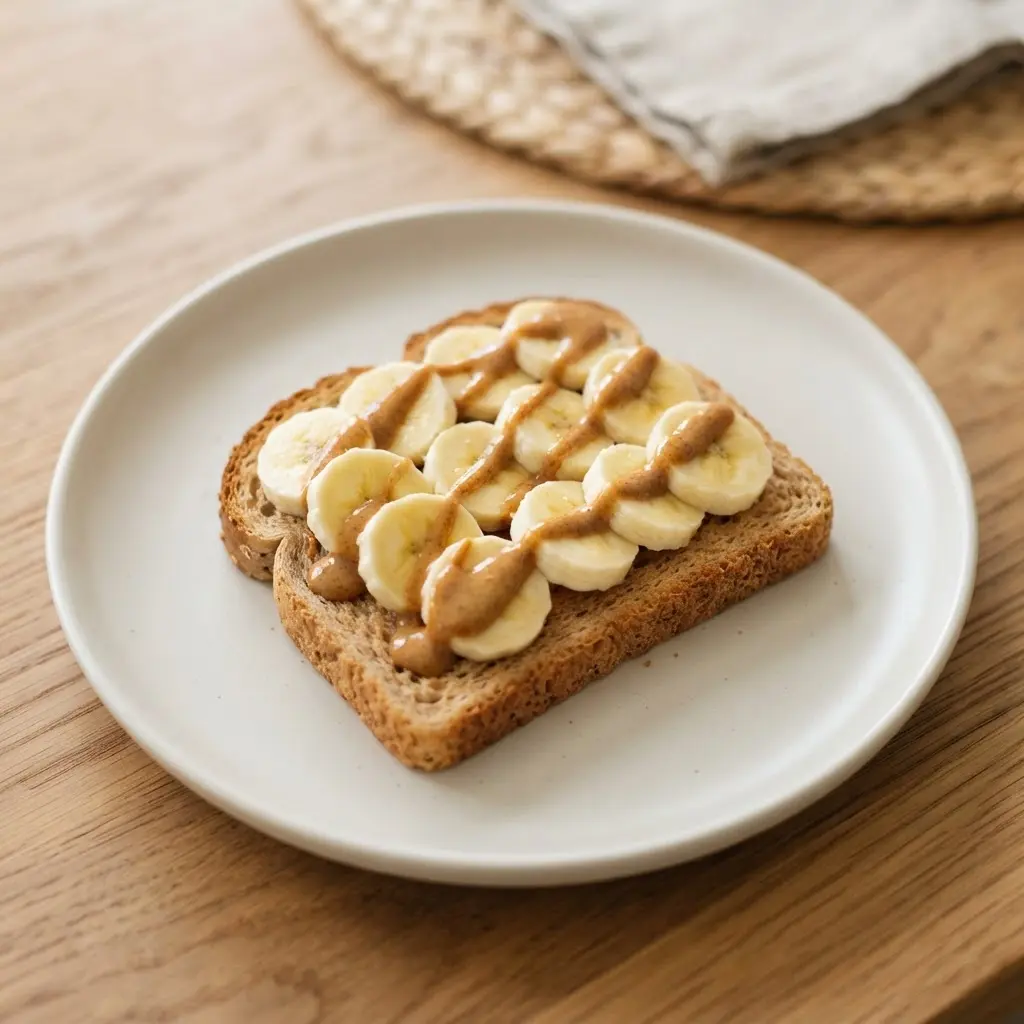 Whole wheat toast topped with banana slices and nut butter for a quick breakfast.