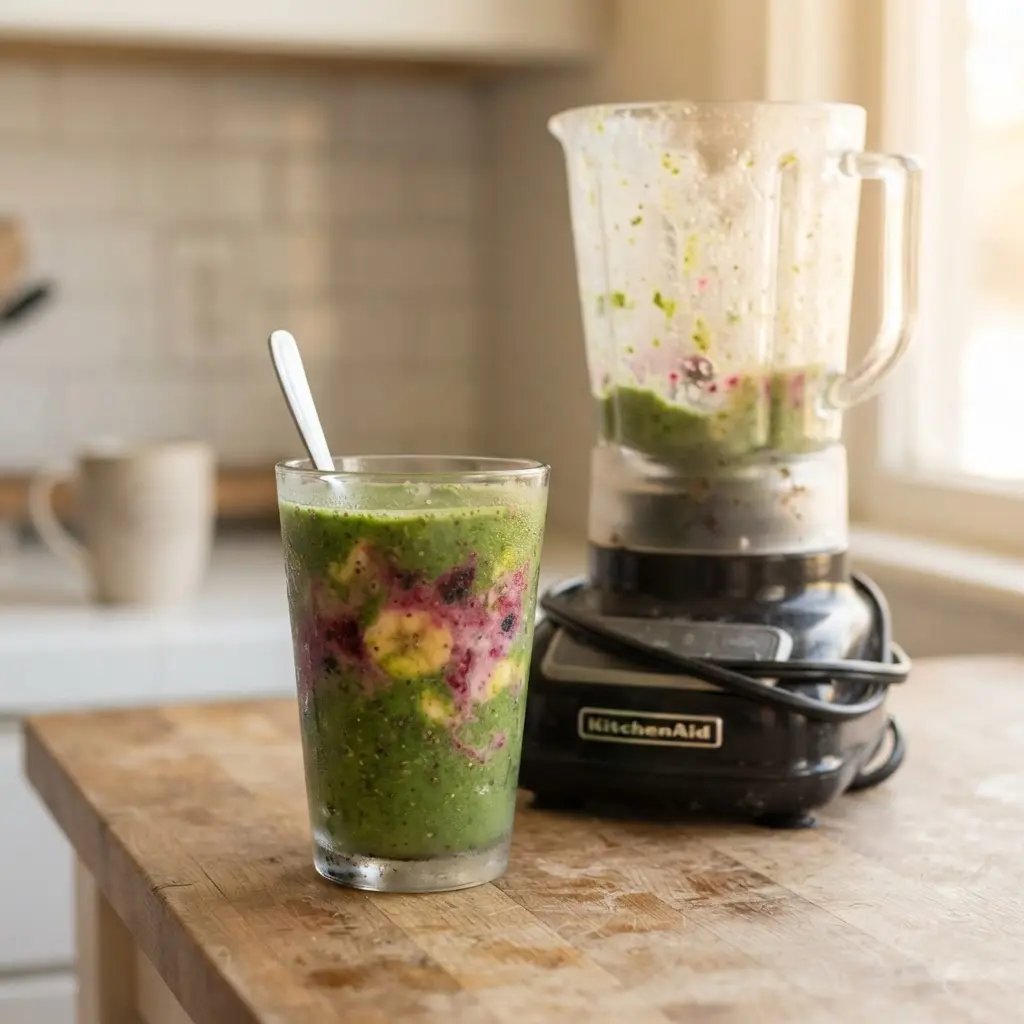 Green spinach smoothie with banana and berries beside a blender on a bright counter.