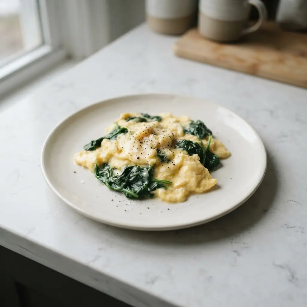 Warm scrambled eggs with wilted spinach on a white plate for five-minute healthy breakfast ideas.