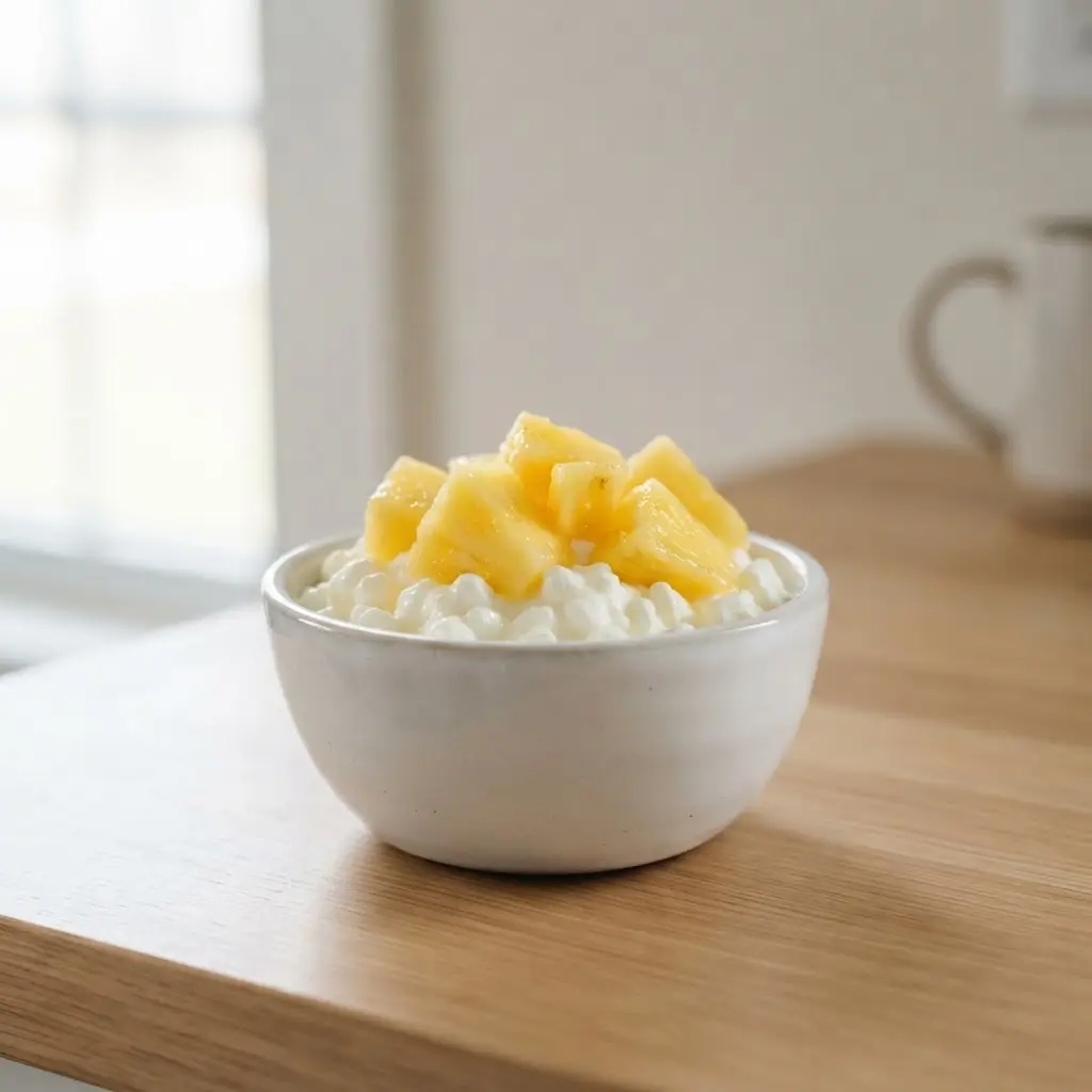 Cottage cheese topped with bright pineapple chunks in a small white bowl on a clean counter.