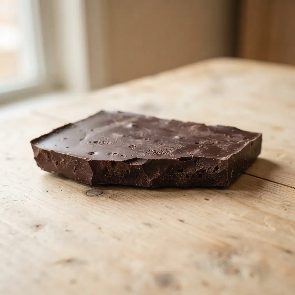 Dark chocolate on a plain wooden surface.
