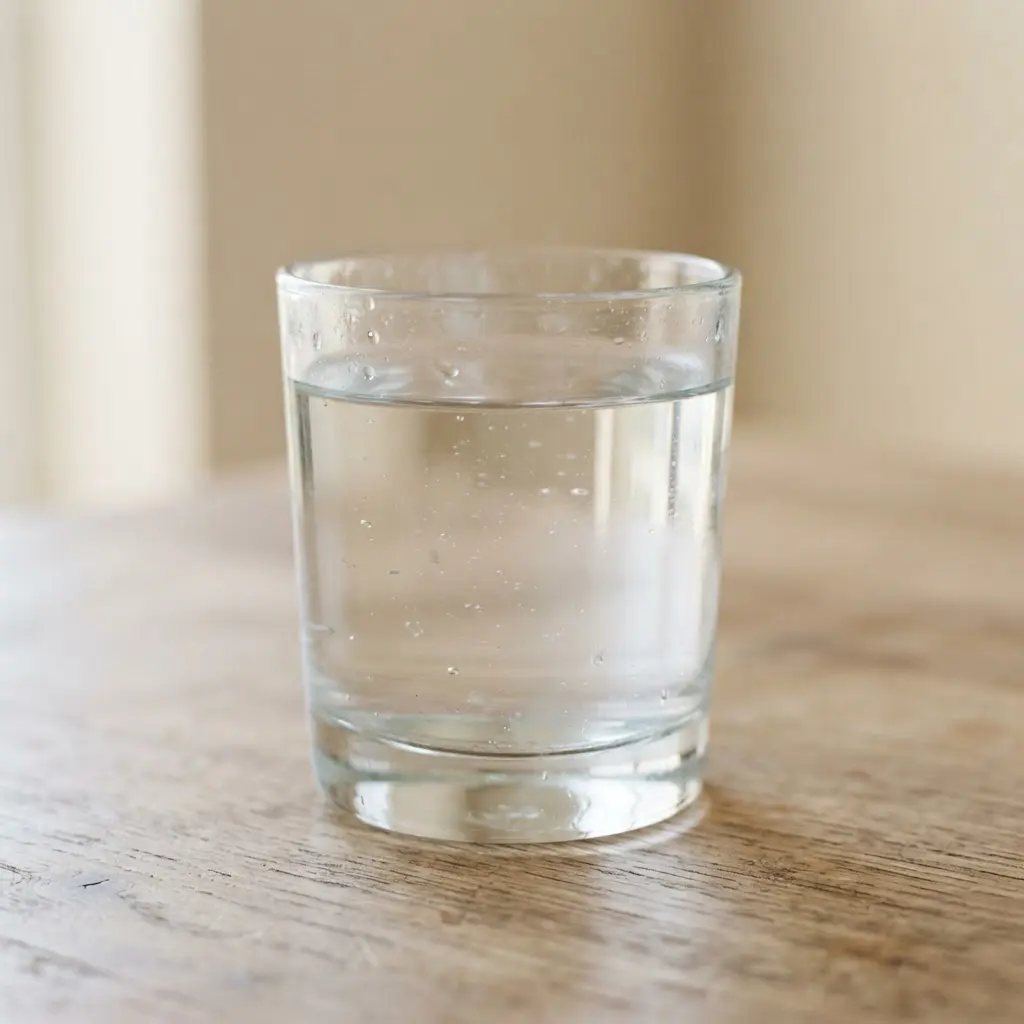 Water in a clear drinking glass in close-up.