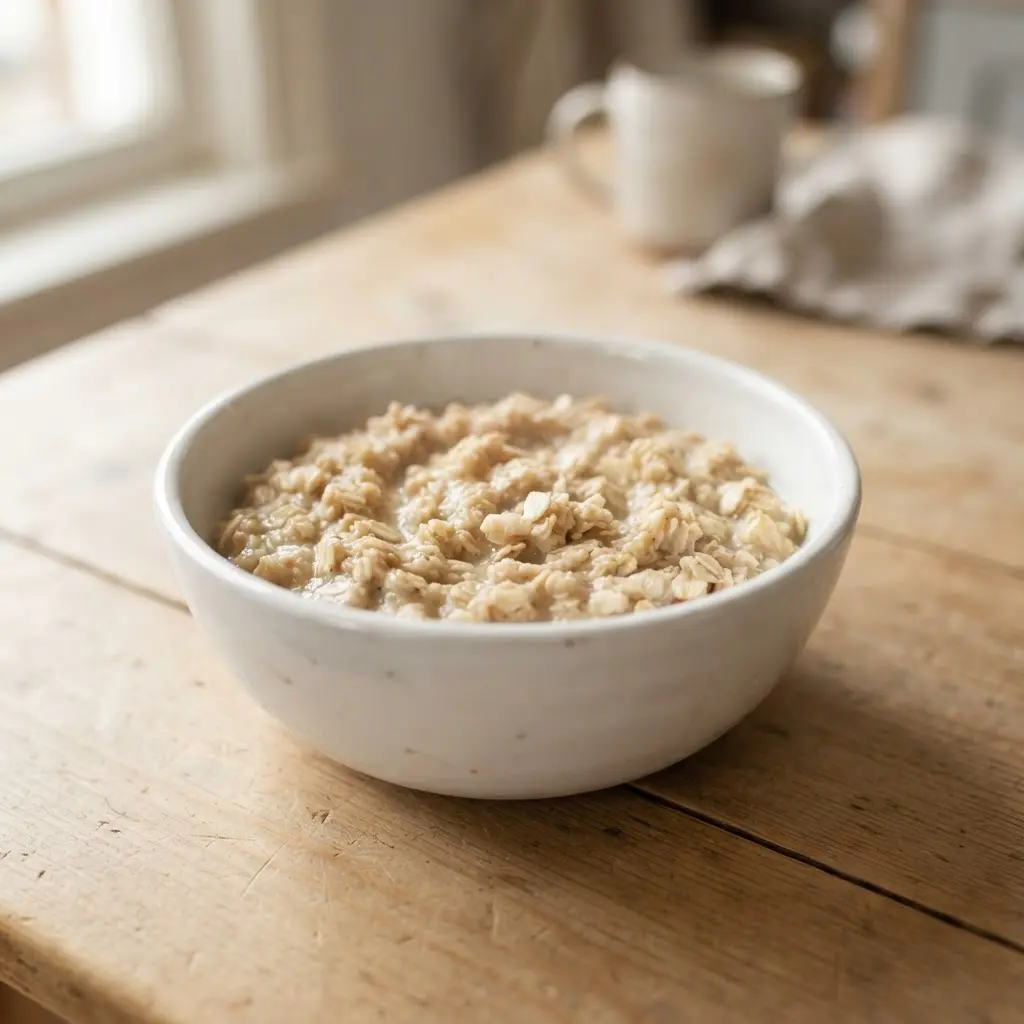 Oats in a plain white bowl on a plain wooden surface.