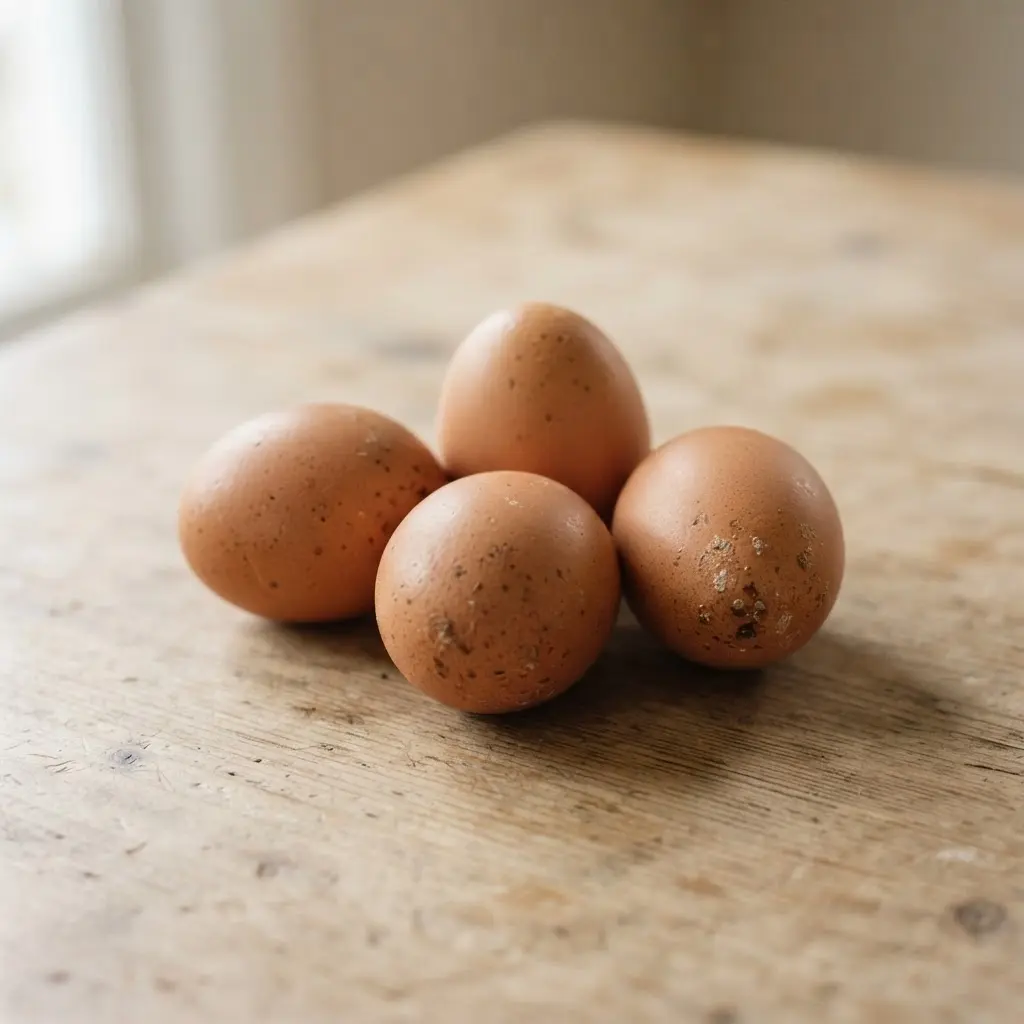 Eggs on a plain wooden surface.