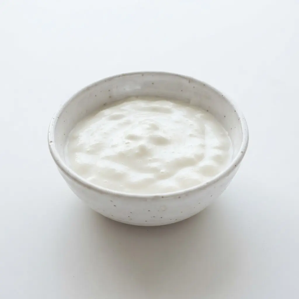 Yogurt in a plain white bowl on a clean white background.
