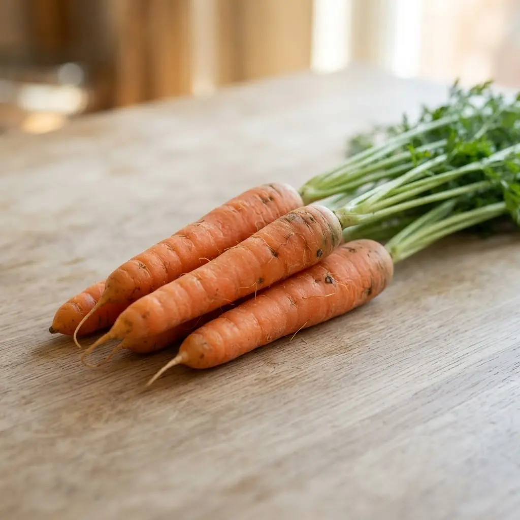 Carrots on a plain wooden surface.