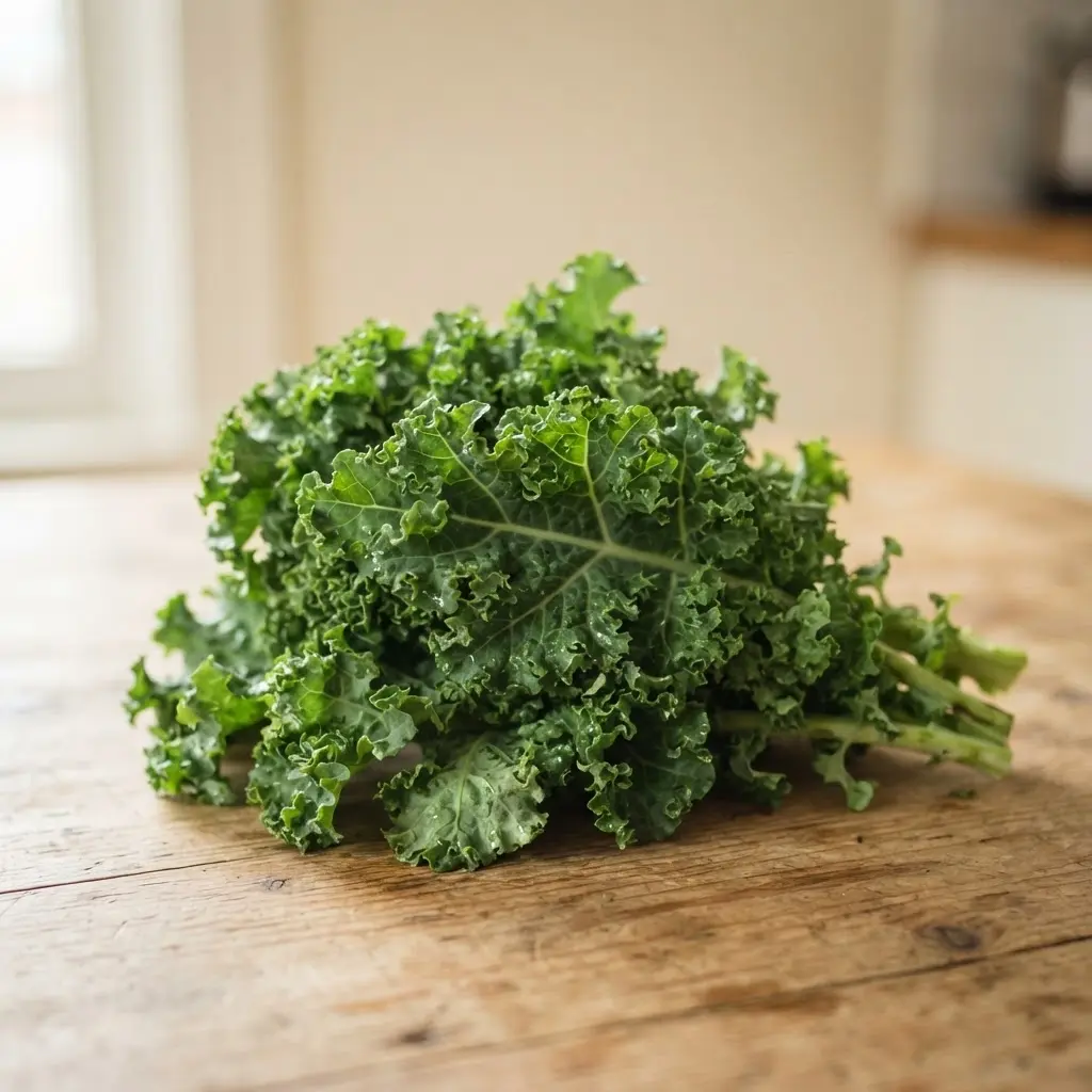 Kale on a plain wooden surface.