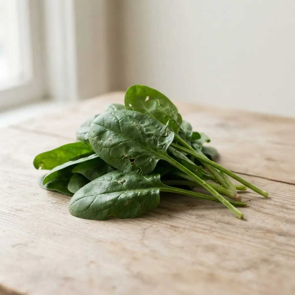 Spinach on a plain wooden surface.