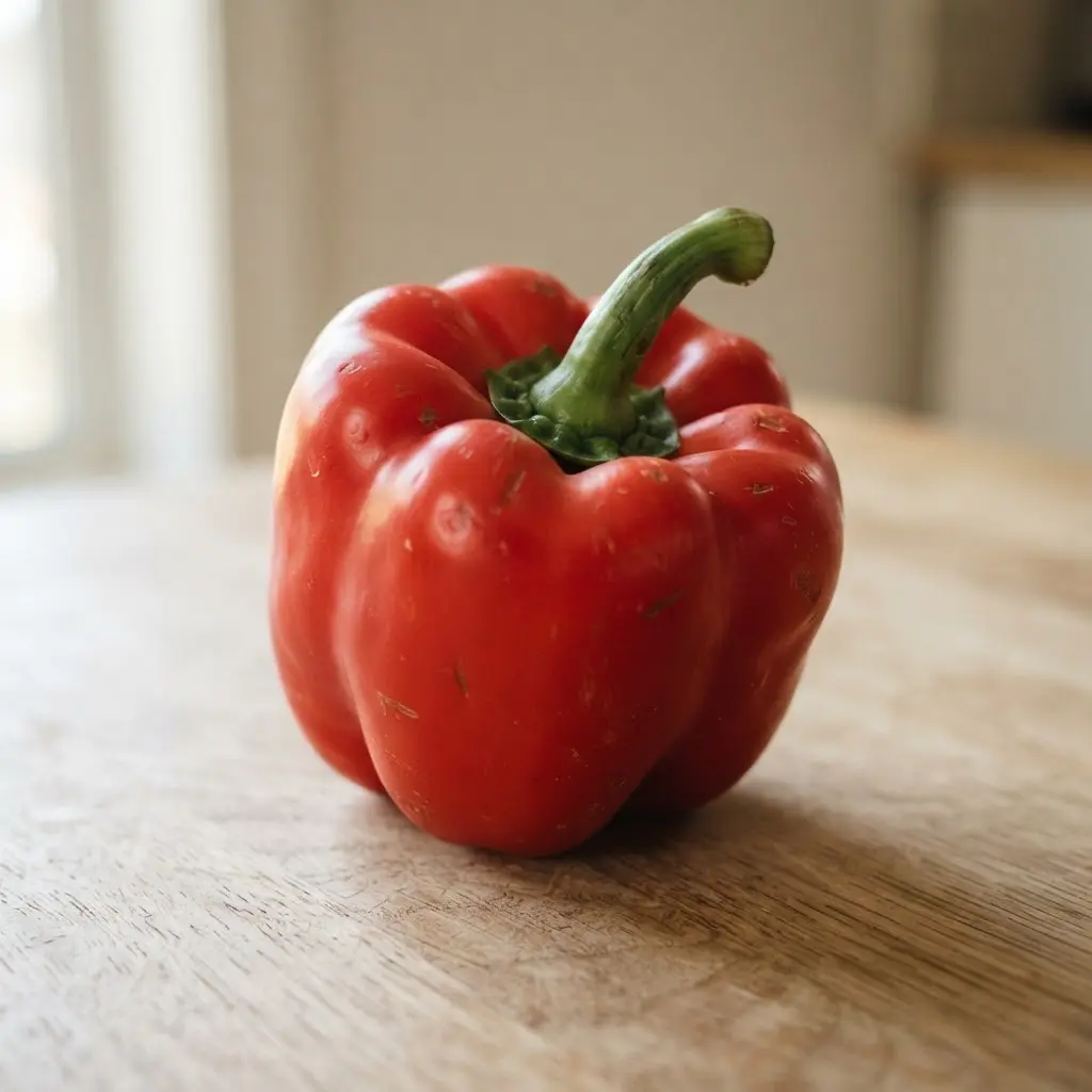 Red bell pepper on a plain wooden surface.