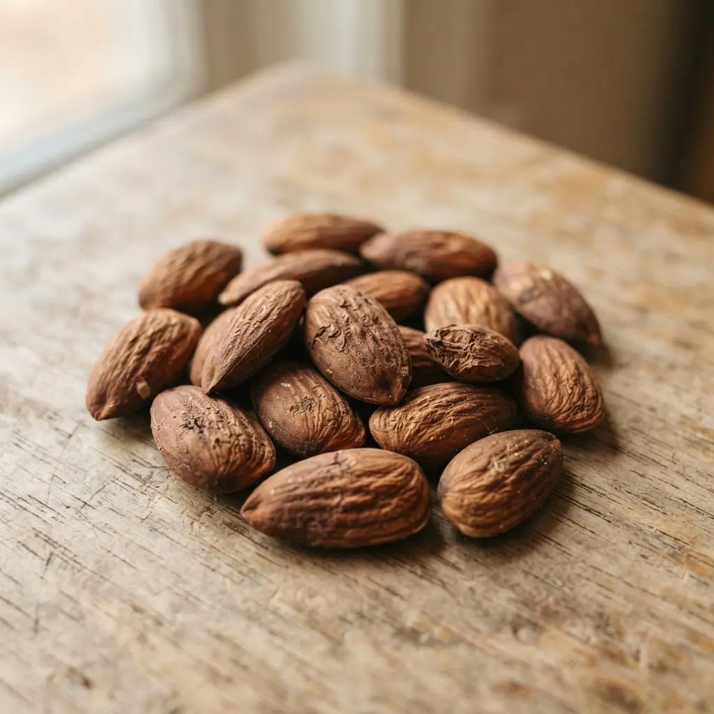 Almonds on a plain wooden surface.