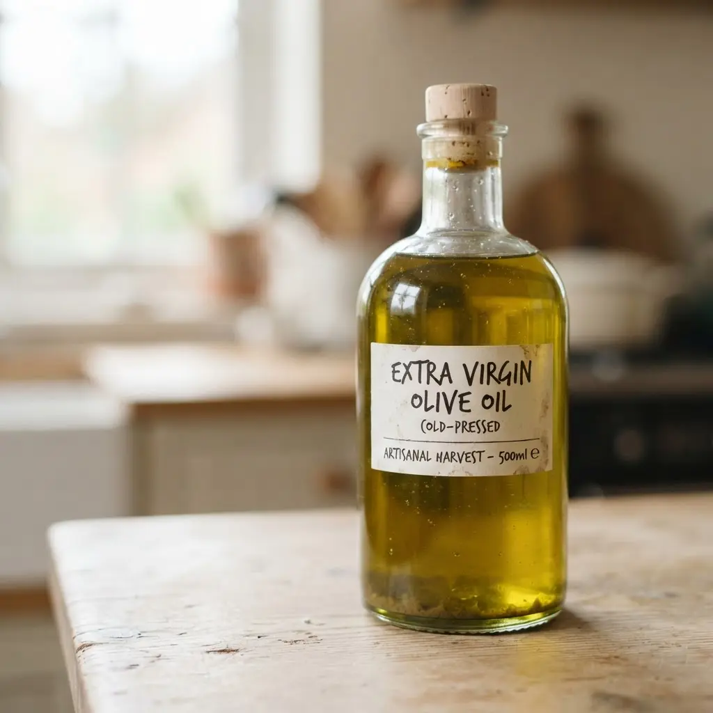 Cold-pressed olive oil on a plain wooden surface.