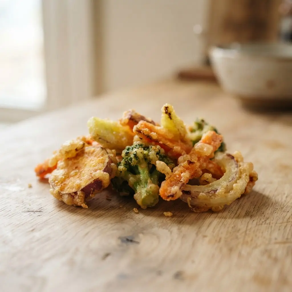 Fried vegetables on a plain wooden surface.