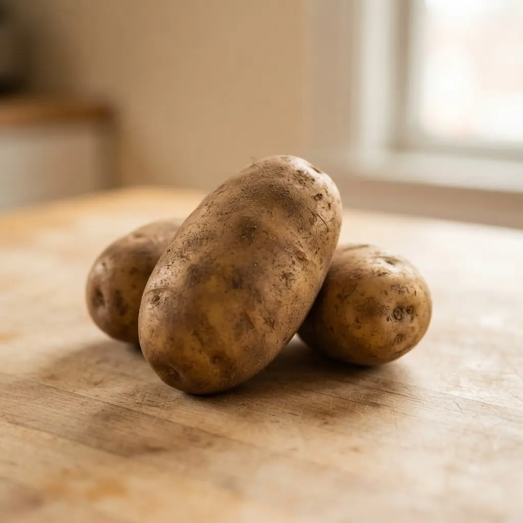 Potatoes on a plain wooden surface.