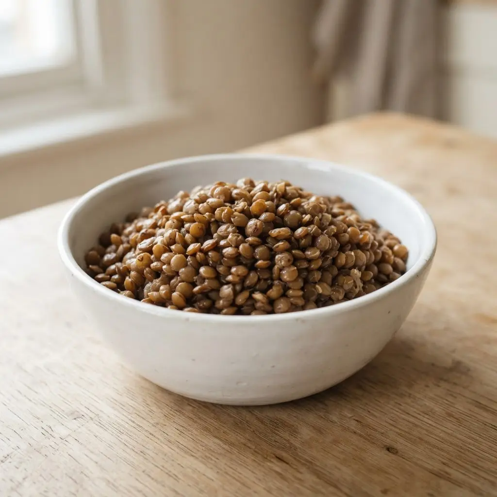 Lentils in a plain white bowl on a plain wooden surface.