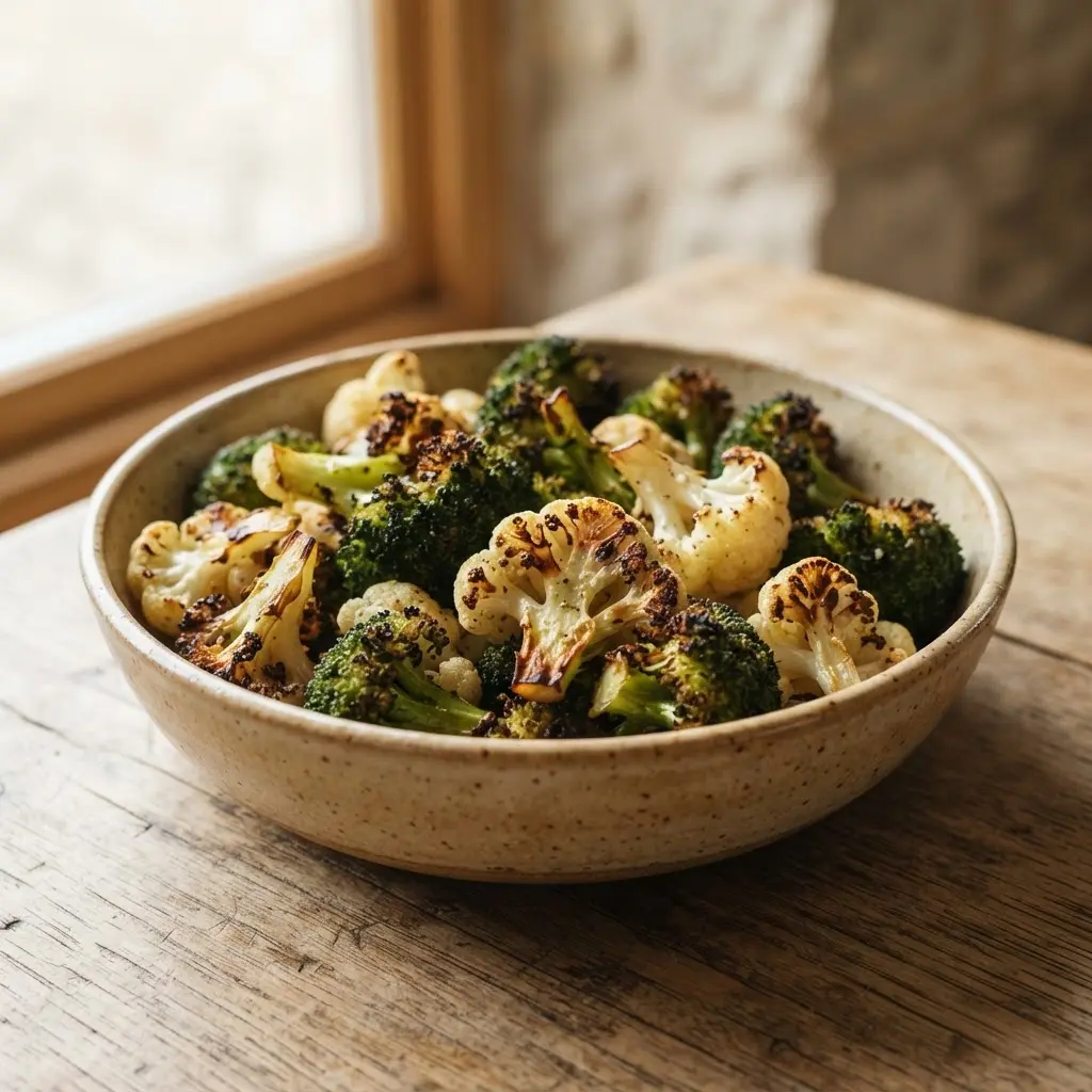 Roasted broccoli and cauliflower fill a bowl, showing foods that will make you thin but also full.