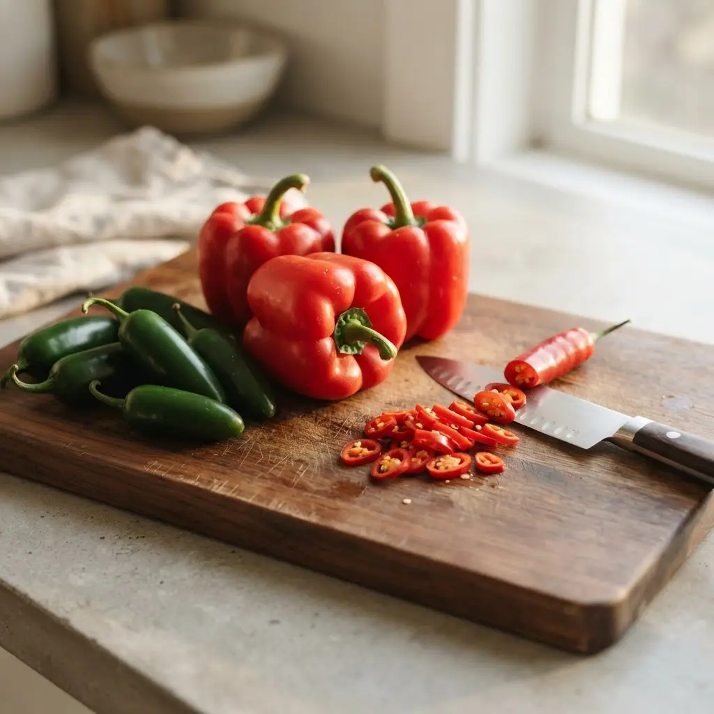 Red peppers, jalapeños, and sliced chili sit on a wooden board.
