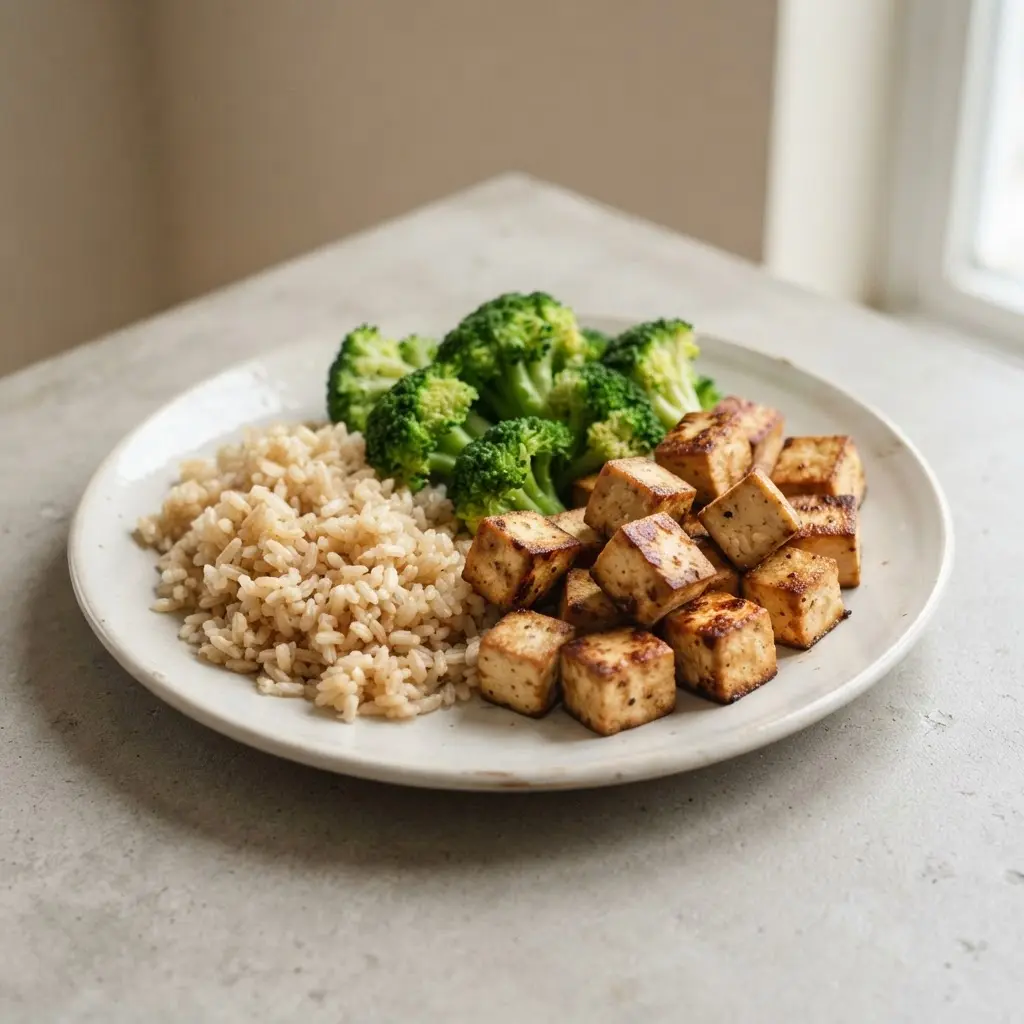 Crisp tofu cubes sit beside broccoli and brown rice on a ceramic plate.