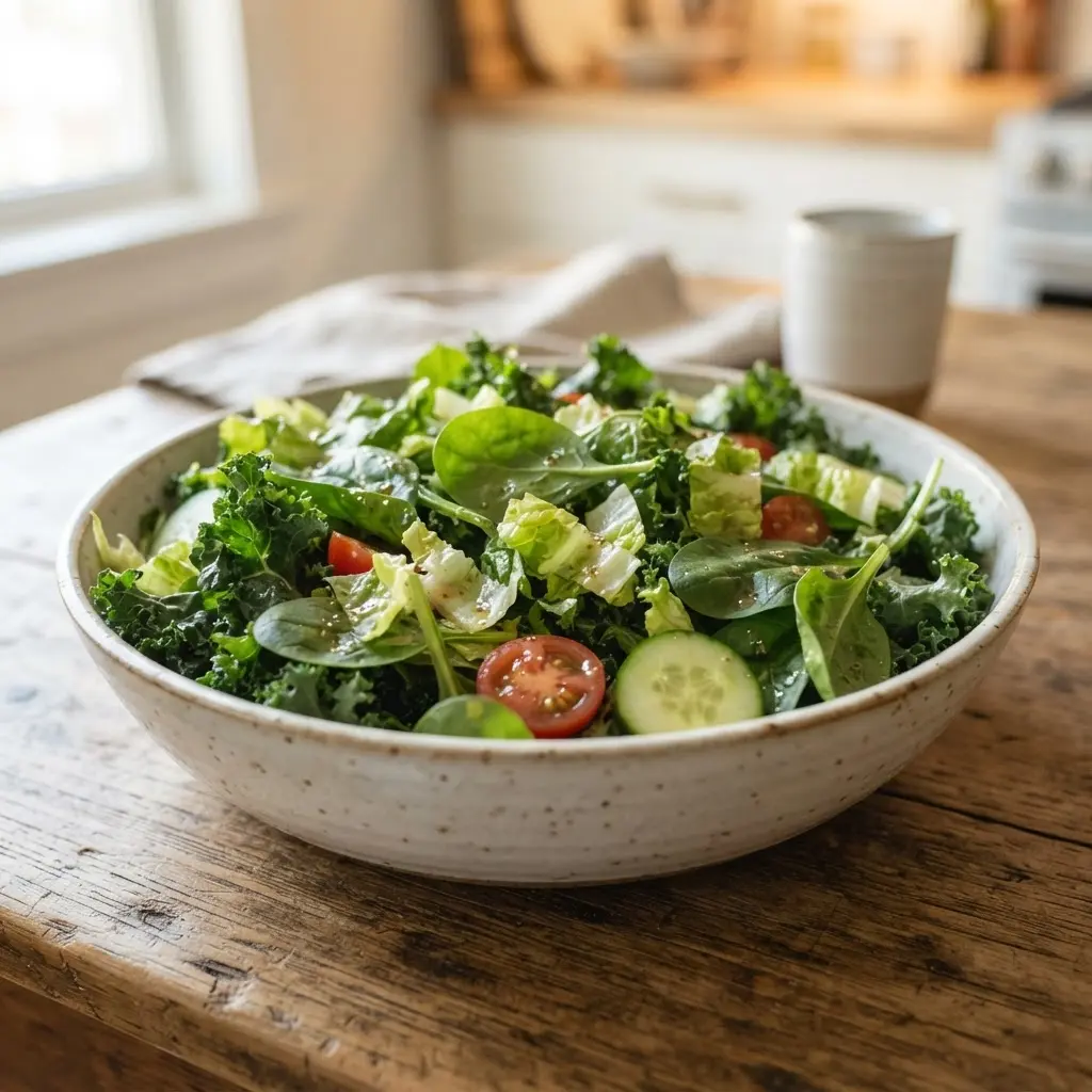Kale, spinach, and romaine fill a large salad bowl beside sliced vegetables.