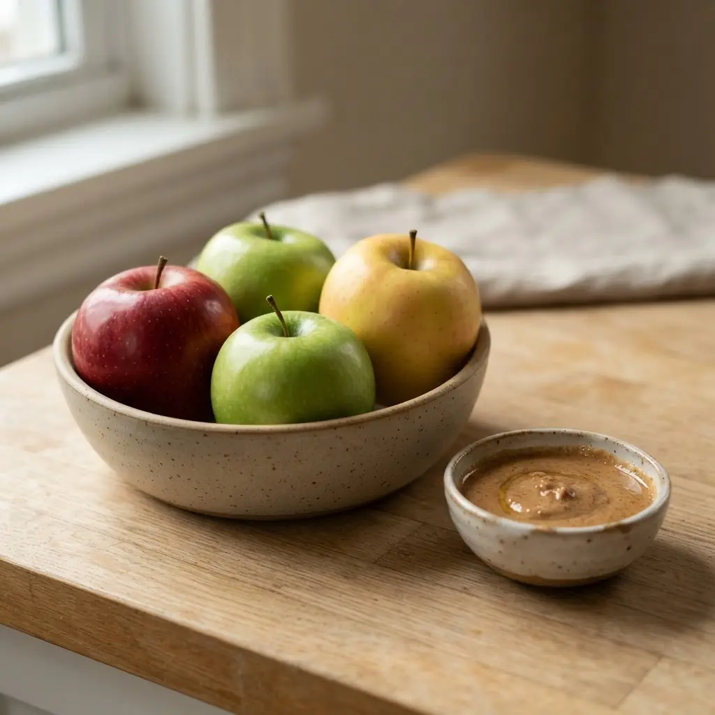 Red, green, and yellow apples rest in a bowl beside a small dish of nut butter.