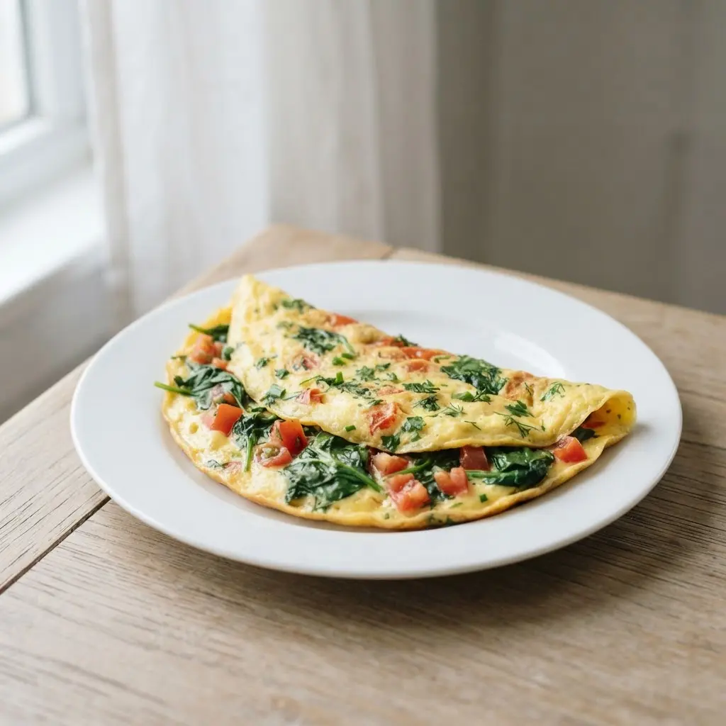 A vegetable omelet with spinach, tomatoes, and herbs sits on a white plate.