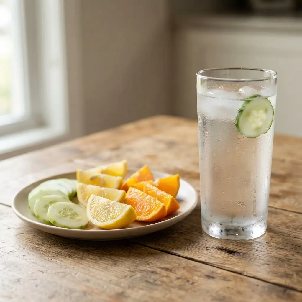 A glass of water sits beside cucumber slices, lemon wedges, and orange pieces.