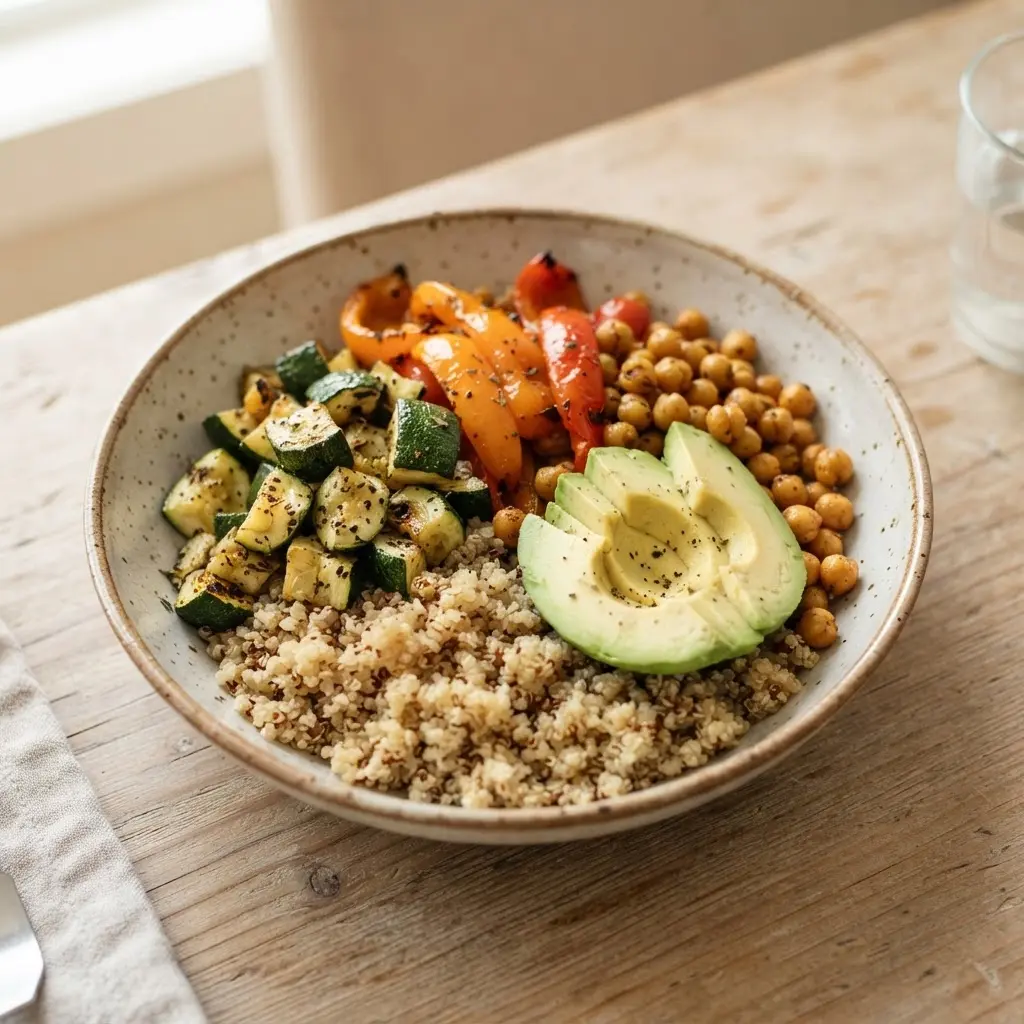 A quinoa bowl holds roasted vegetables, chickpeas, herbs, and sliced avocado.
