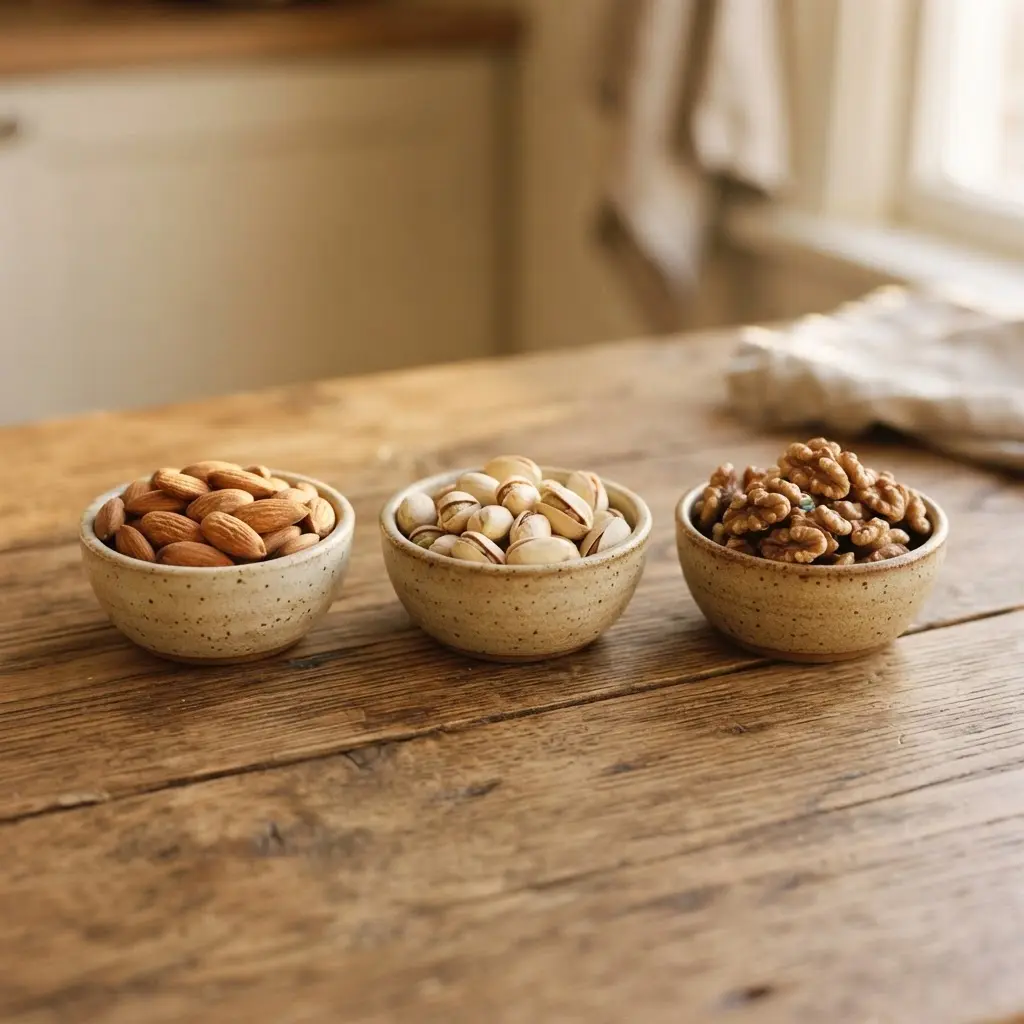 Almonds, pistachios, and walnuts sit in three small bowls on a wooden table.