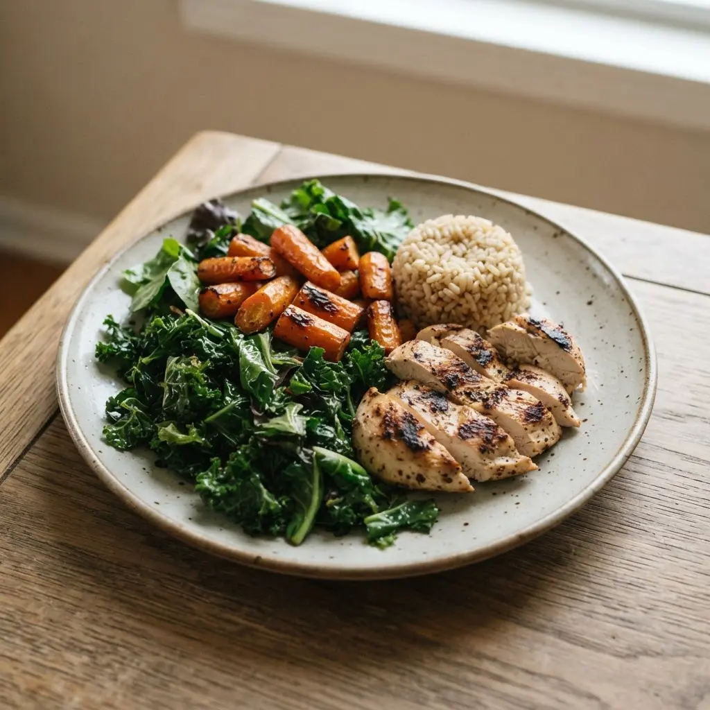 A large plate holds leafy greens, roasted vegetables, grilled chicken, and a small grain serving.