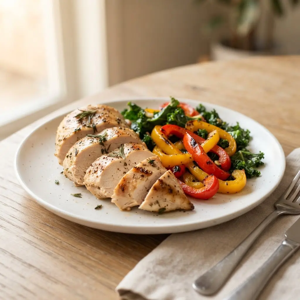 Sliced roasted chicken rests beside peppers and greens, showing foods that will make you thin but also full.