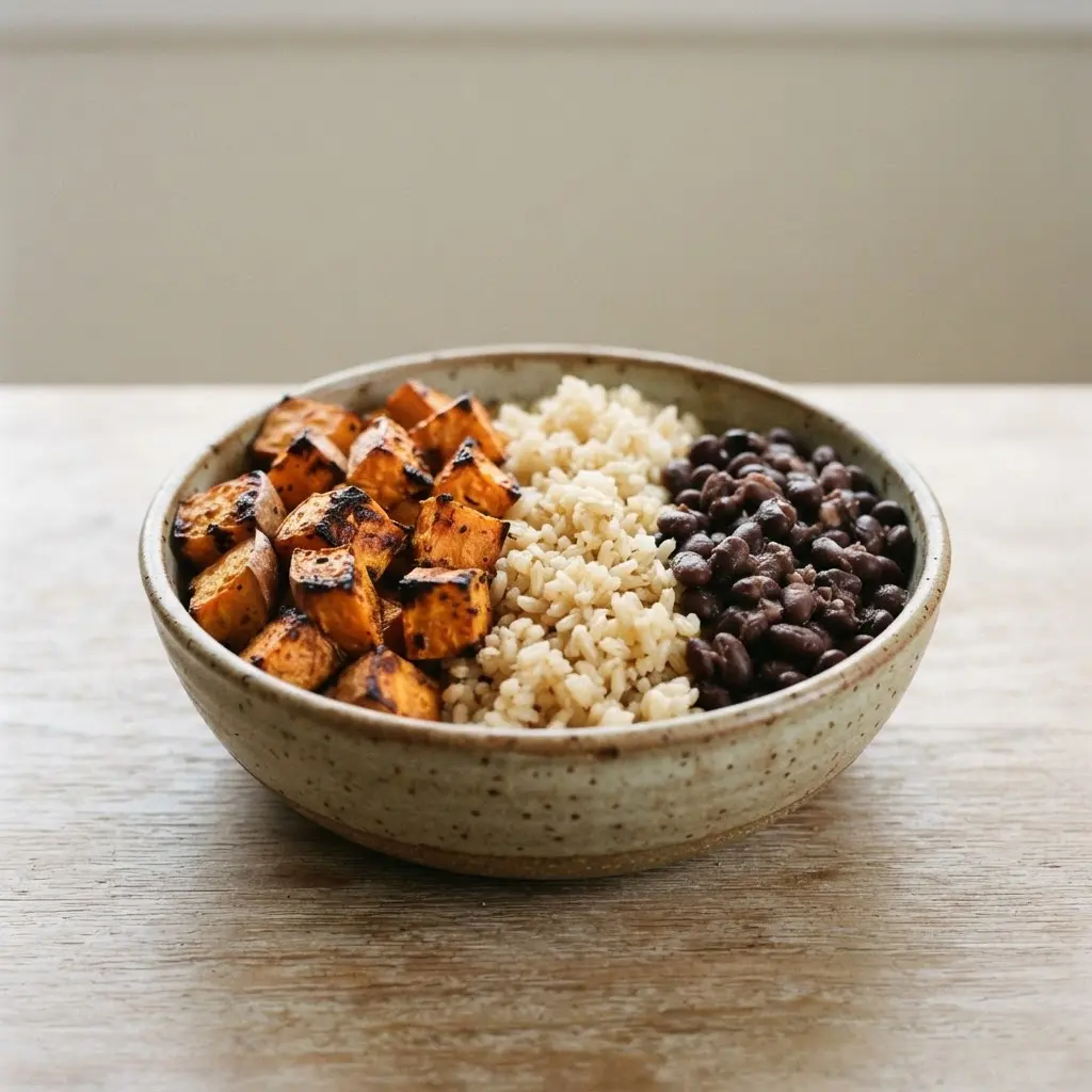 Sweet potato, brown rice, and black beans are arranged in a colorful meal bowl.