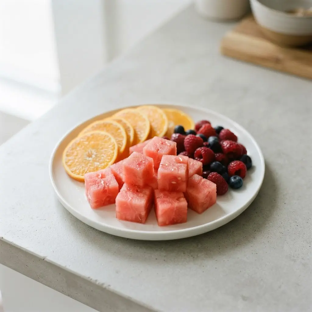 Watermelon, orange slices, and berries sit on a white plate, showing foods that will make you thin but also full.