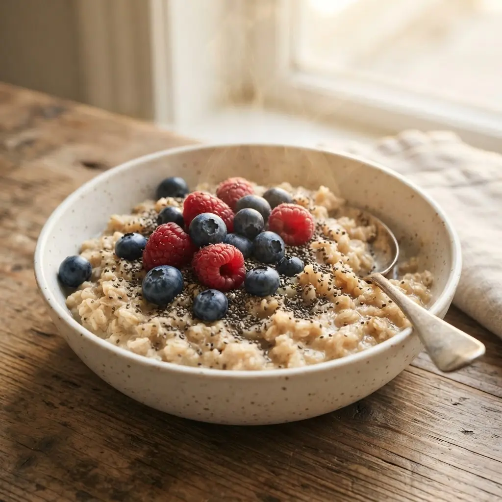 A bowl of oats with berries and seeds shows foods that will make you thin but also full.