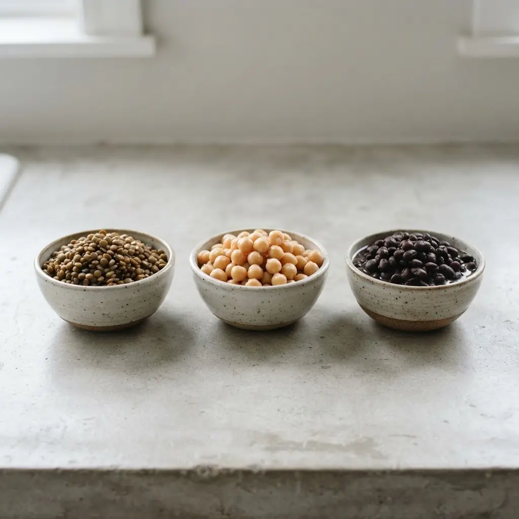 Lentils, chickpeas, and black beans sit in bowls, showing foods that will make you thin but also full.