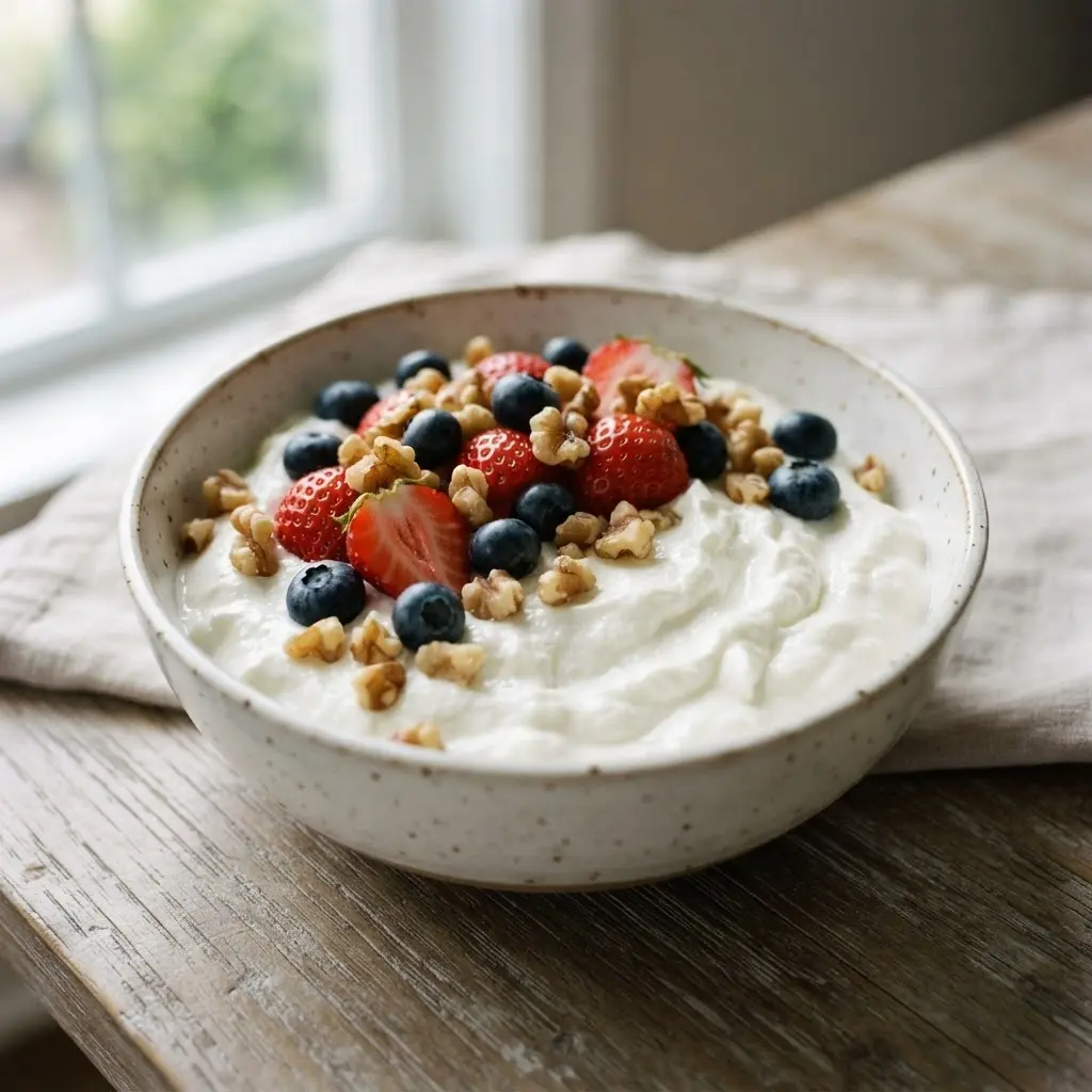 Greek yogurt with berries and walnuts shows foods that will make you thin but also full.