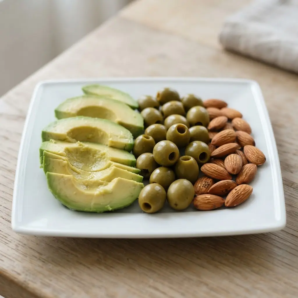 Avocado, olives, and almonds appear on a plate, showing foods that will make you thin but also full.